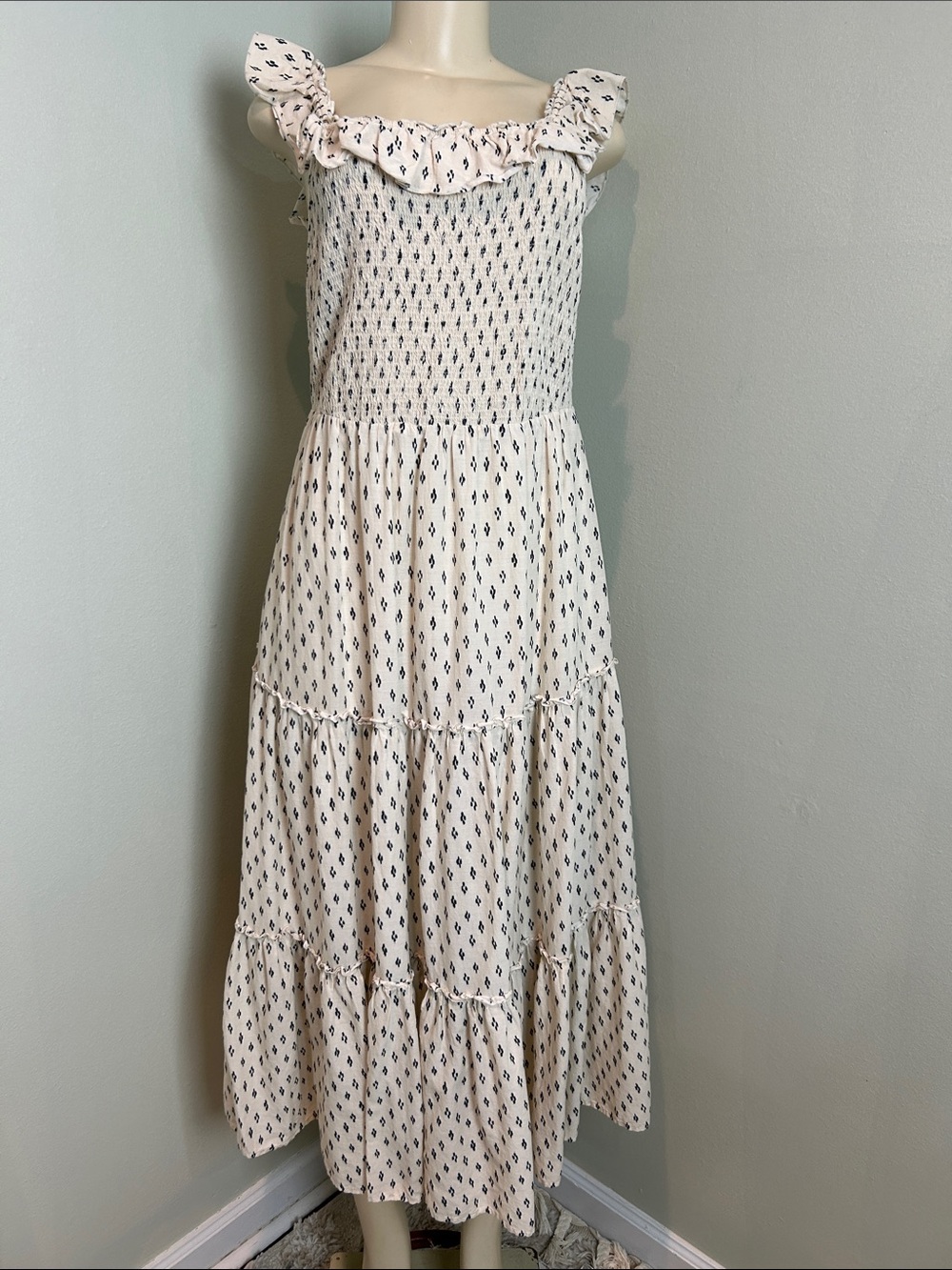 Old Navy Smocked Midi Dress Medium Cream Blue Print Ruffle Strap Cottagecore - Picture 1 of 8